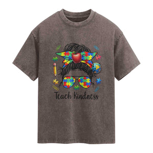 Sped Educator Autism Support Washed Cotton T-Shirt Teach Kindness Messy Bun