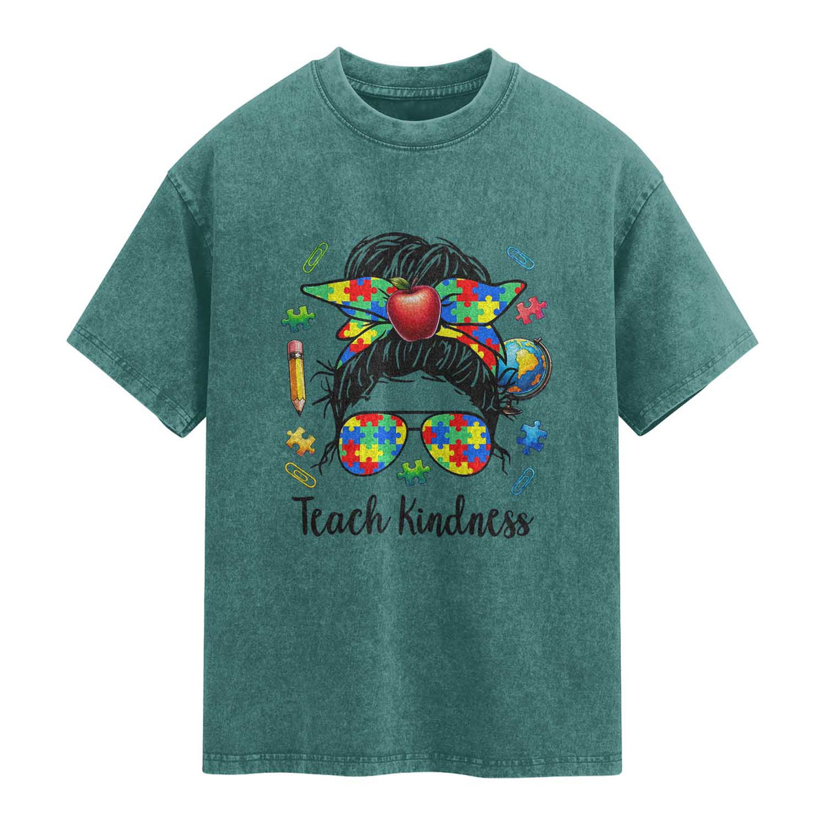 Sped Educator Autism Support Washed Cotton T-Shirt Teach Kindness Messy Bun