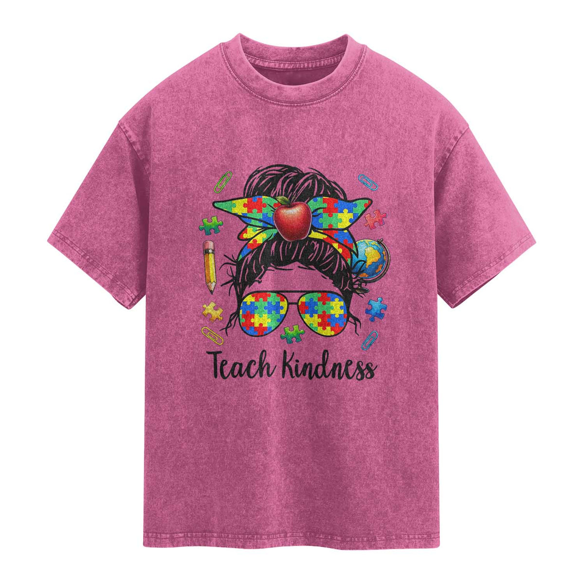 Sped Educator Autism Support Washed Cotton T-Shirt Teach Kindness Messy Bun