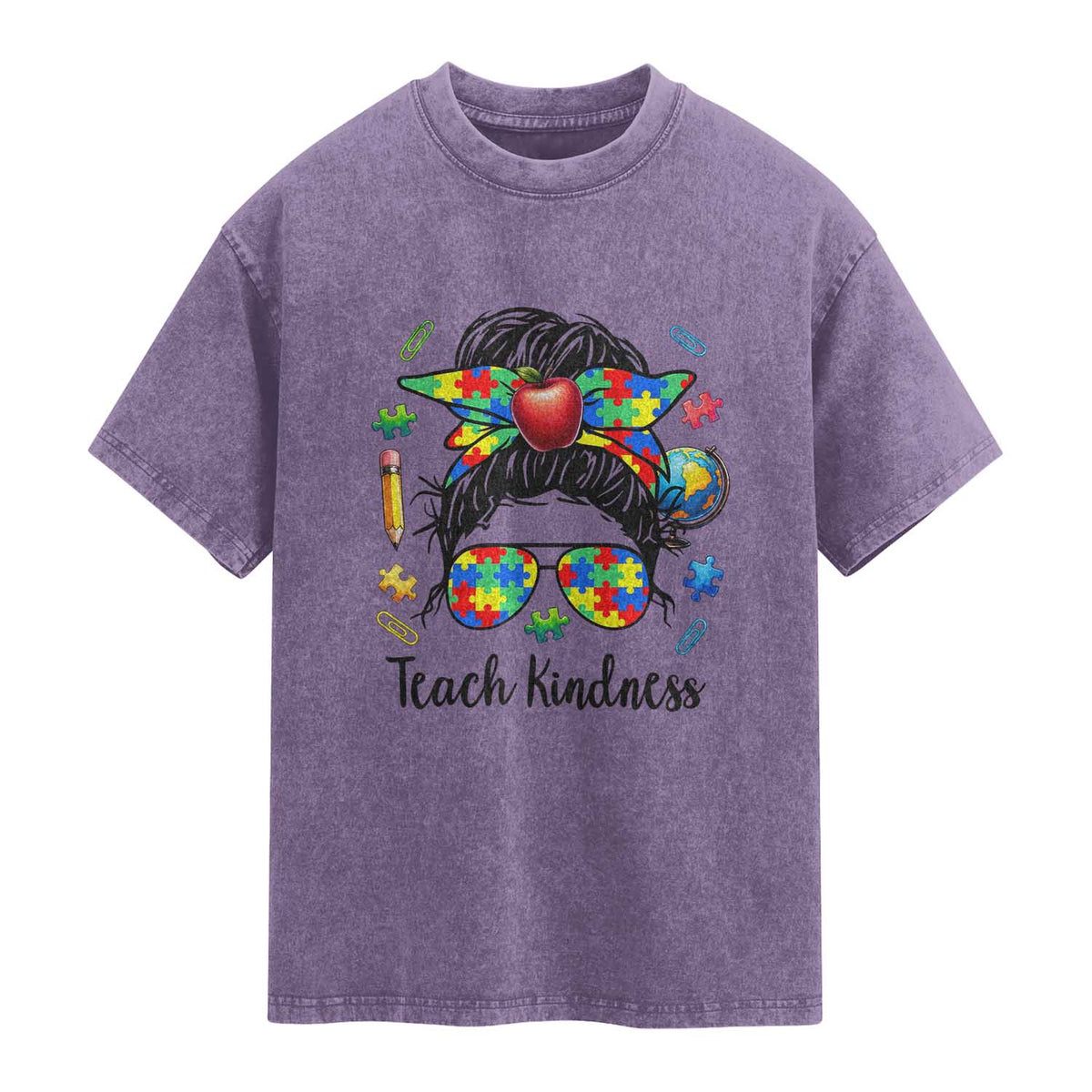 Sped Educator Autism Support Washed Cotton T-Shirt Teach Kindness Messy Bun