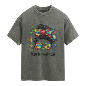 Sped Educator Autism Support Washed Cotton T-Shirt Teach Kindness Messy Bun