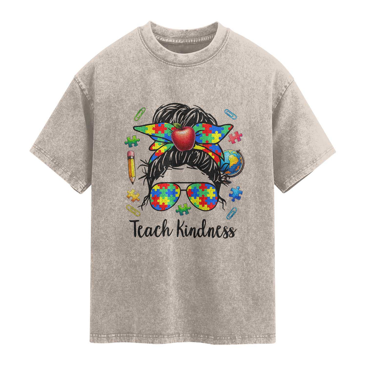 Sped Educator Autism Support Washed Cotton T-Shirt Teach Kindness Messy Bun