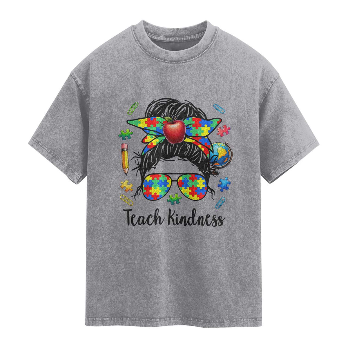 Sped Educator Autism Support Washed Cotton T-Shirt Teach Kindness Messy Bun