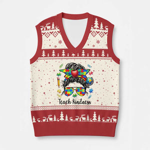 Sped Educator Autism Support V-Neck Knit Sweater Vest Teach Kindness Messy Bun TS12 Beige Red Print Your Wear