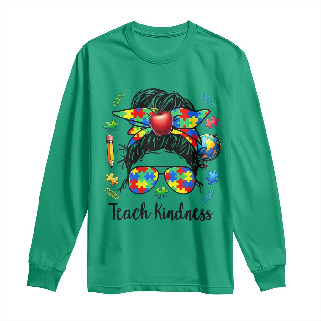 Sped Educator Autism Support Long Sleeve Shirt Teach Kindness Messy Bun TS12 Irish Green Print Your Wear