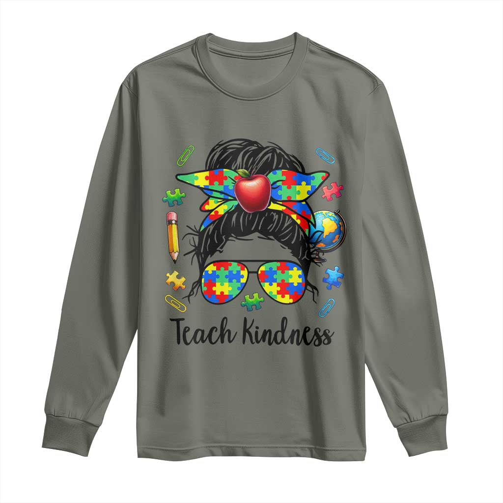 Sped Educator Autism Support Long Sleeve Shirt Teach Kindness Messy Bun TS12 Military Green Print Your Wear