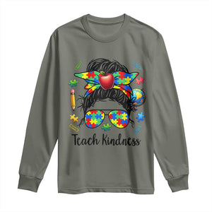 Sped Educator Autism Support Long Sleeve Shirt Teach Kindness Messy Bun TS12 Military Green Print Your Wear