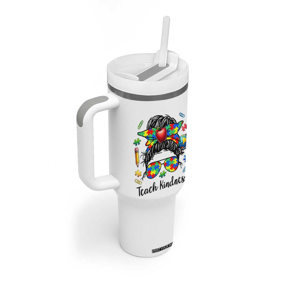 Sped Educator Autism Support Tumbler With Handle Teach Kindness Messy Bun TS12 Print Your Wear