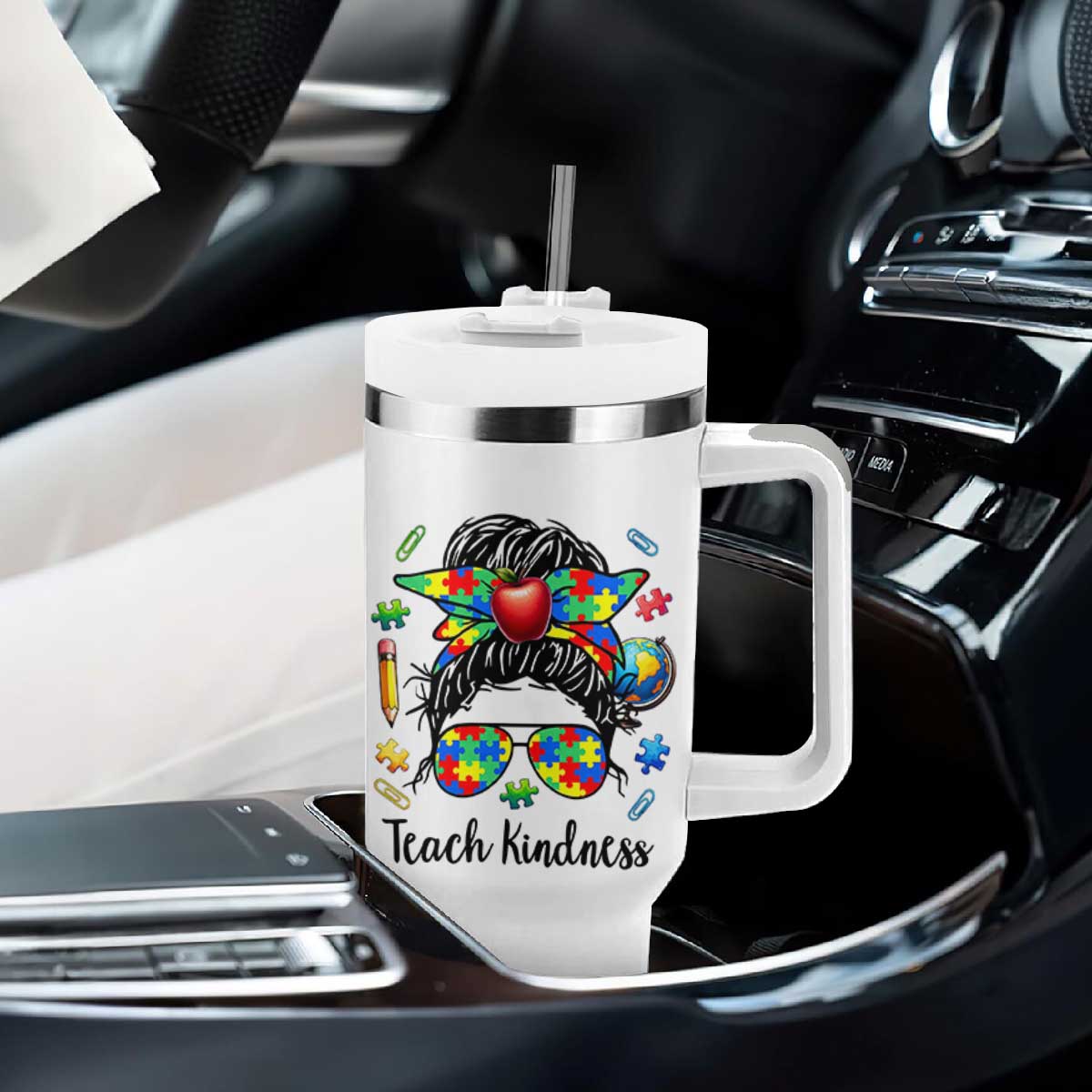 Sped Educator Autism Support Tumbler With Handle Teach Kindness Messy Bun TS12 Print Your Wear