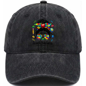 Sped Educator Autism Support Washed Cotton Baseball Cap Teach Kindness Messy Bun TS12 Print Your Wear