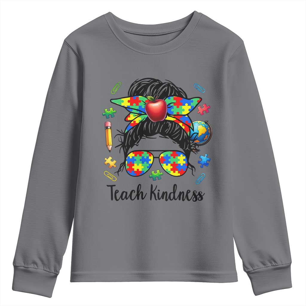 Sped Educator Autism Support Youth Sweatshirt Teach Kindness Messy Bun TS12 Charcoal Print Your Wear