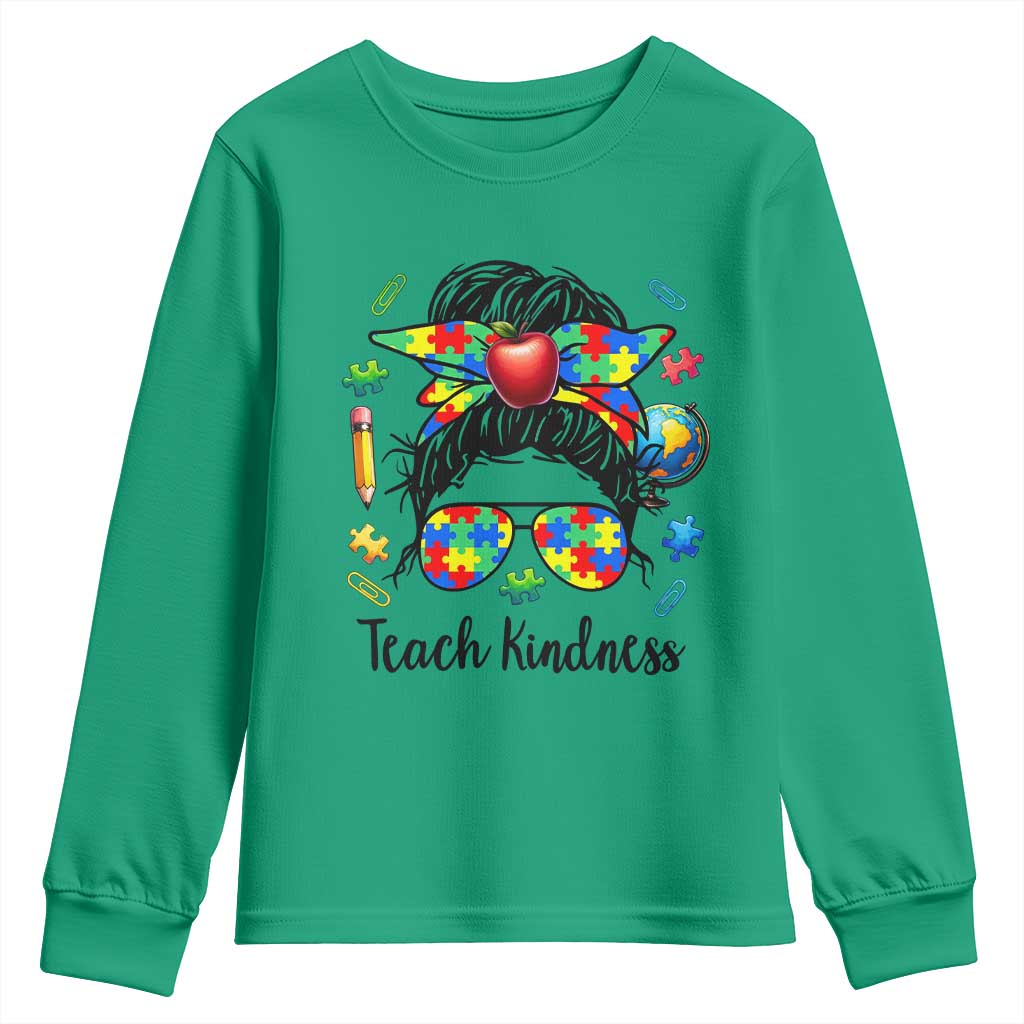 Sped Educator Autism Support Youth Sweatshirt Teach Kindness Messy Bun TS12 Irish Green Print Your Wear