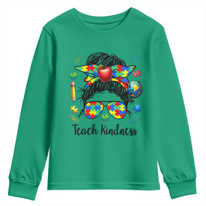 Sped Educator Autism Support Youth Sweatshirt Teach Kindness Messy Bun TS12 Irish Green Print Your Wear