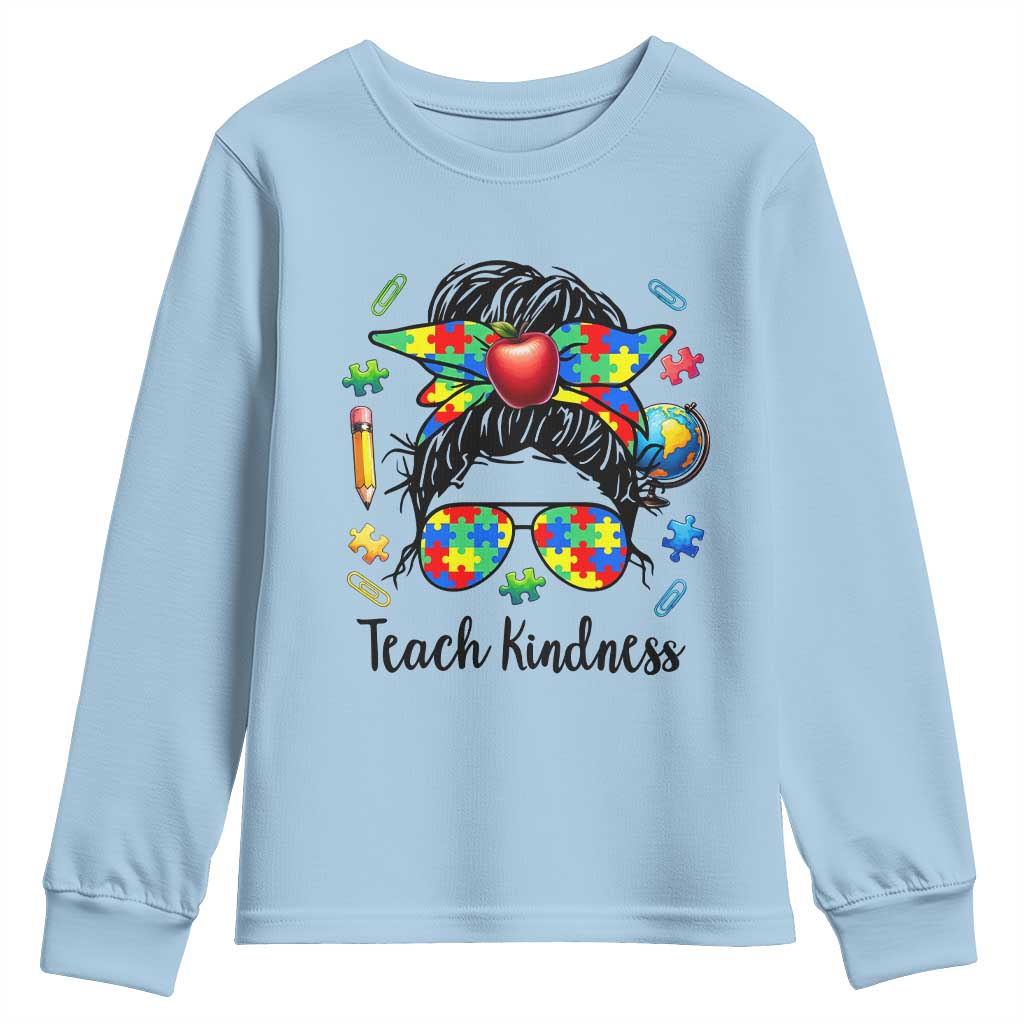 Sped Educator Autism Support Youth Sweatshirt Teach Kindness Messy Bun TS12 Light Blue Print Your Wear