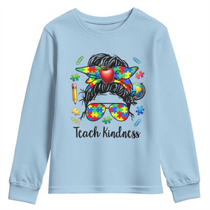 Sped Educator Autism Support Youth Sweatshirt Teach Kindness Messy Bun TS12 Light Blue Print Your Wear