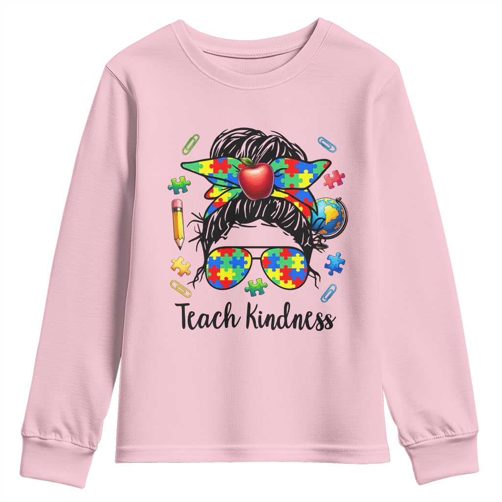 Sped Educator Autism Support Youth Sweatshirt Teach Kindness Messy Bun TS12 Light Pink Print Your Wear