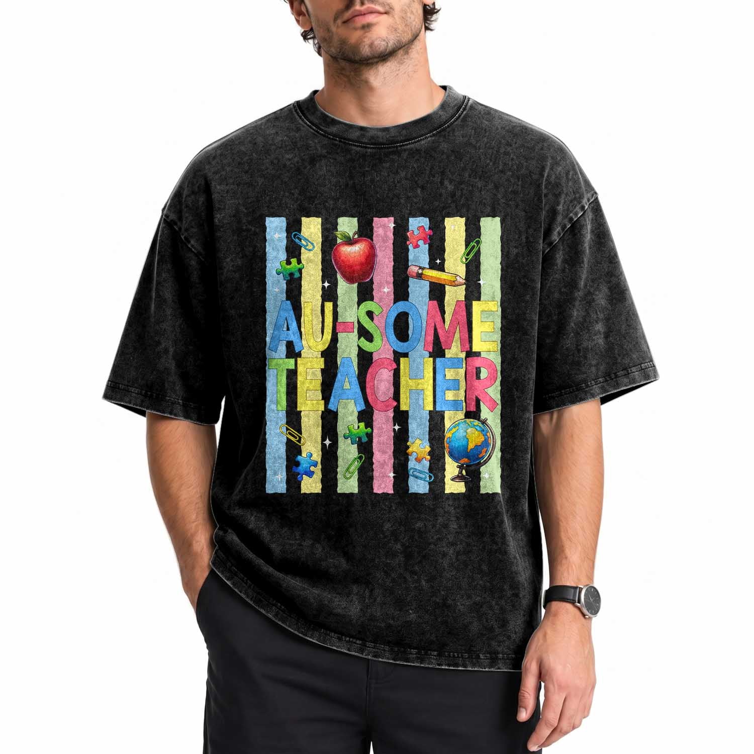 Special Ed Teacher Autism Acceptance Washed Cotton T-Shirt Au Some Teacher
