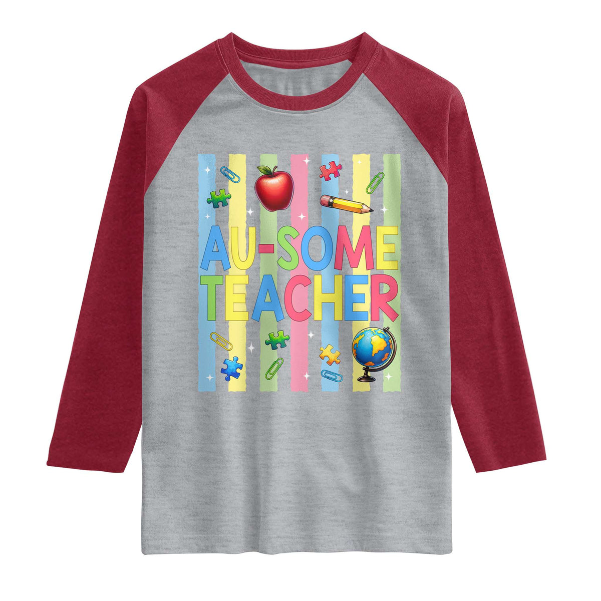 Special Ed Teacher Autism Acceptance Raglan Shirt Au Some Teacher TS12 Heather Gray Heather Red Print Your Wear