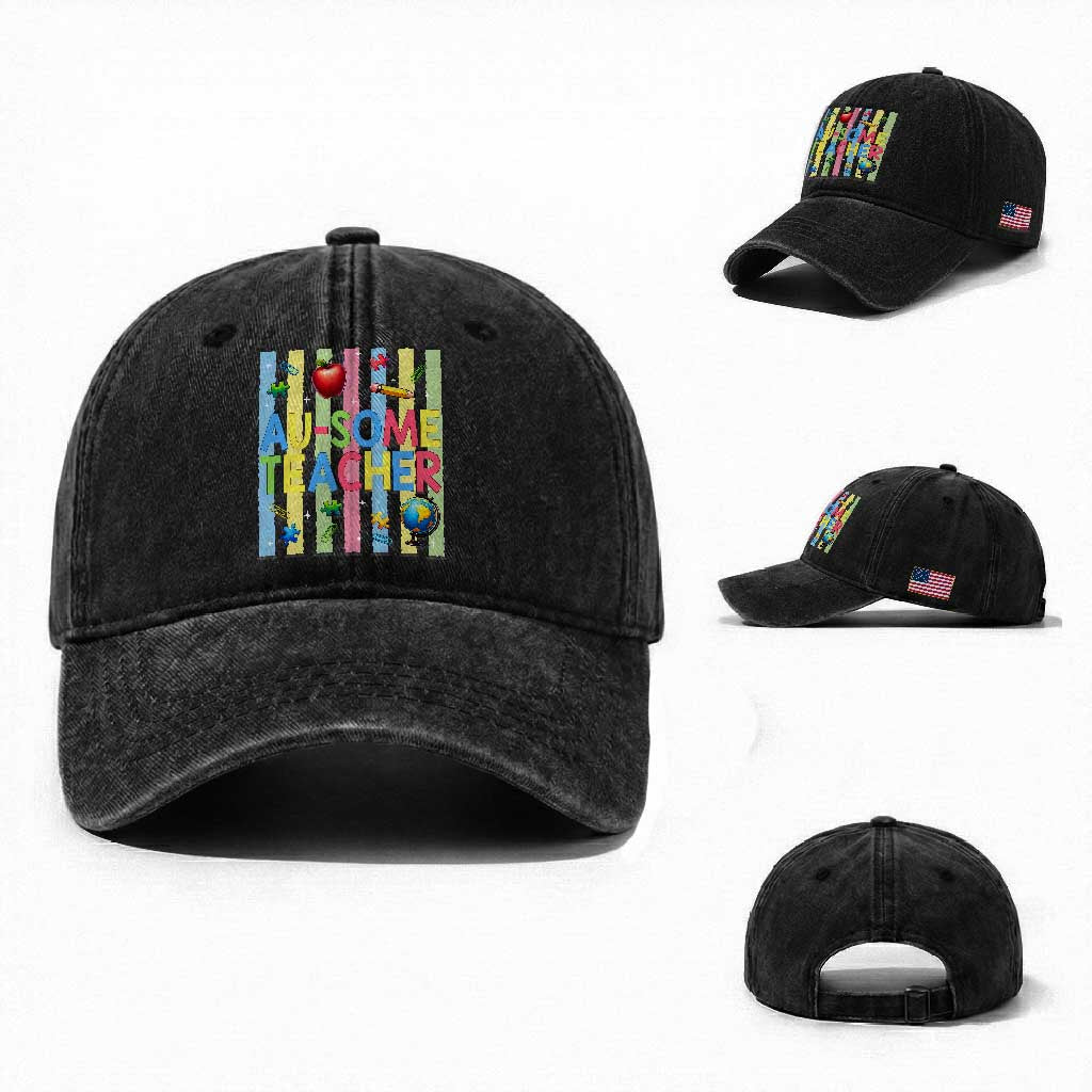 Special Ed Teacher Autism Acceptance Washed Cotton Baseball Cap Au Some Teacher TS12 Washed Cap Universal Fit Black Print Your Wear