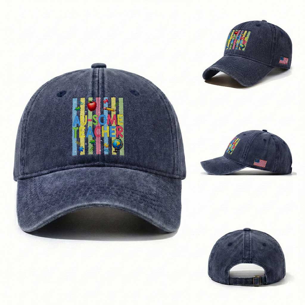 Special Ed Teacher Autism Acceptance Washed Cotton Baseball Cap Au Some Teacher TS12 Washed Cap Universal Fit Navy Print Your Wear