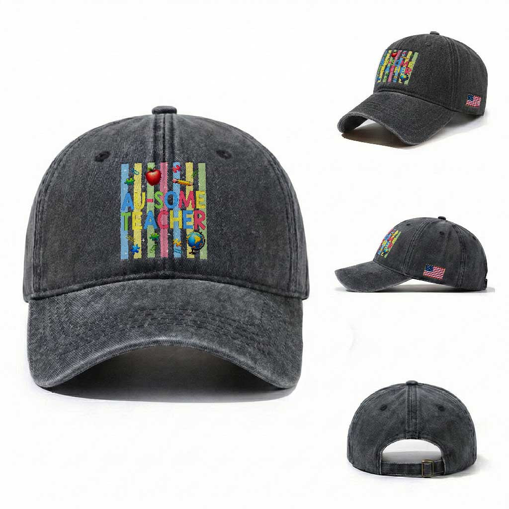 Special Ed Teacher Autism Acceptance Washed Cotton Baseball Cap Au Some Teacher TS12 Washed Cap Universal Fit Dark Gray Print Your Wear