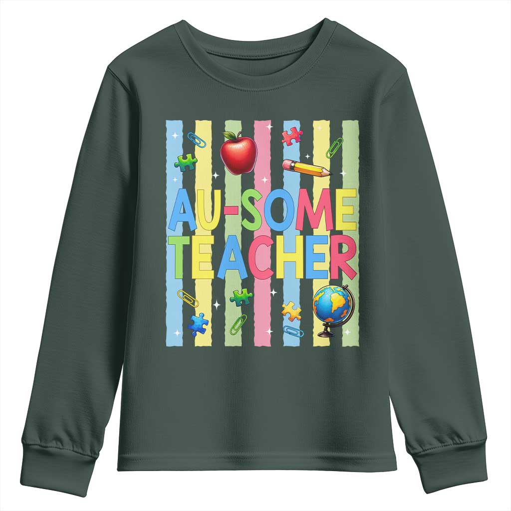Special Ed Teacher Autism Acceptance Youth Sweatshirt Au Some Teacher TS12 Dark Forest Green Print Your Wear