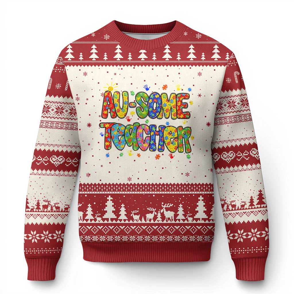 Autism Acceptance Special Education Teacher Ugly Christmas Sweater Au Some Teacher TS12 Beige Red Print Your Wear