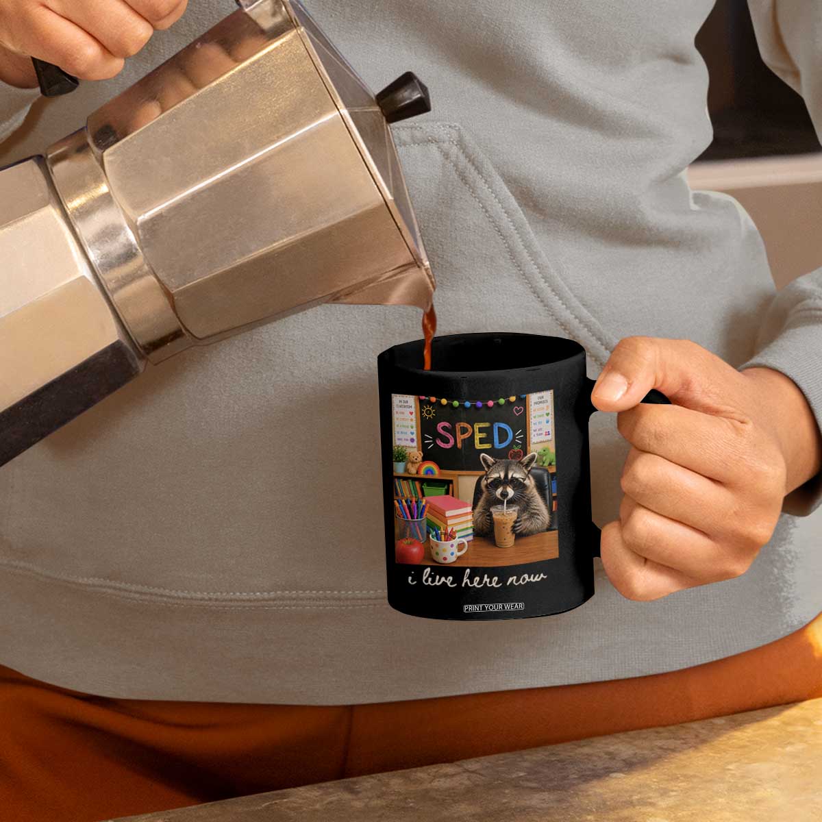 Funny SPED Raccoon Teacher Coffee Mug I Live Here Now TS12 Print Your Wear
