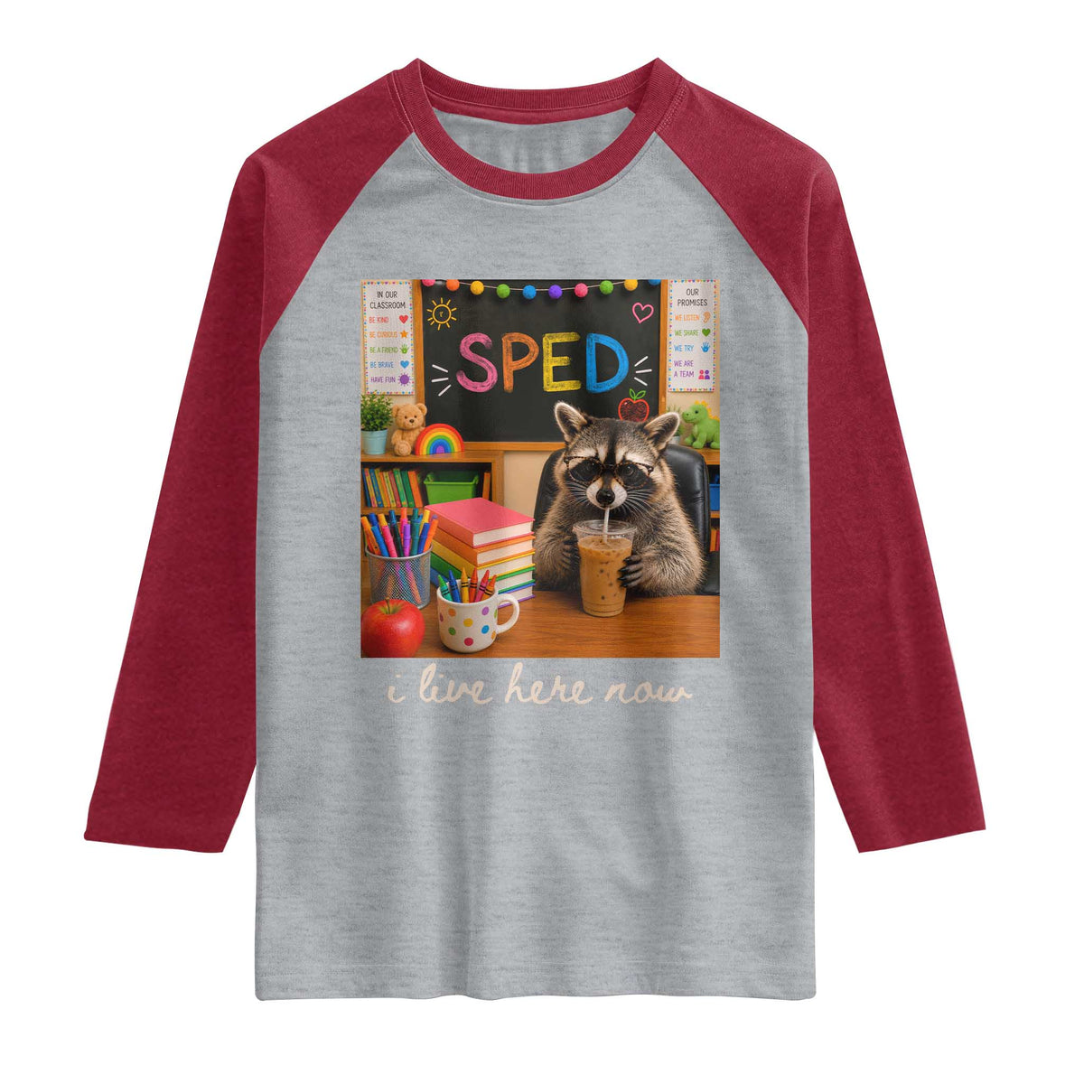 Funny SPED Raccoon Teacher Raglan Shirt I Live Here Now TS12 Heather Gray Heather Red Print Your Wear