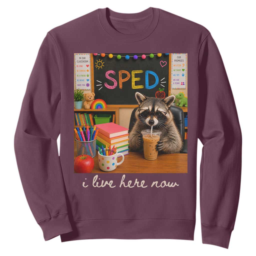 Funny SPED Raccoon Teacher Sweatshirt I Live Here Now TS12 Maroon Print Your Wear