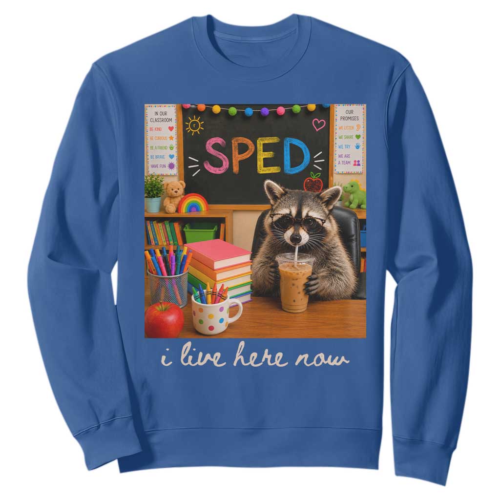 Funny SPED Raccoon Teacher Sweatshirt I Live Here Now TS12 Royal Blue Print Your Wear