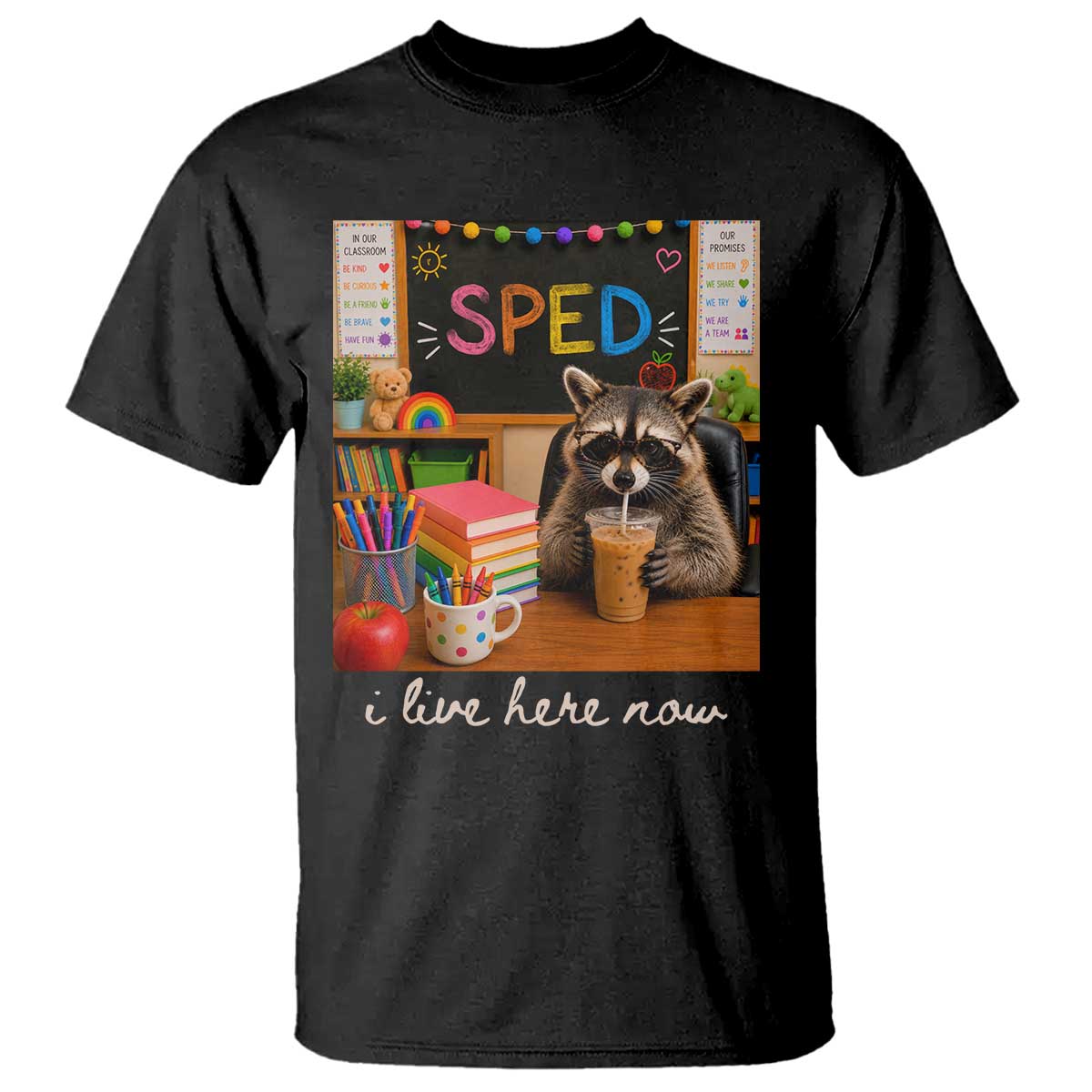 Funny SPED Raccoon Teacher T Shirt I Live Here Now TS12 Black Print Your Wear