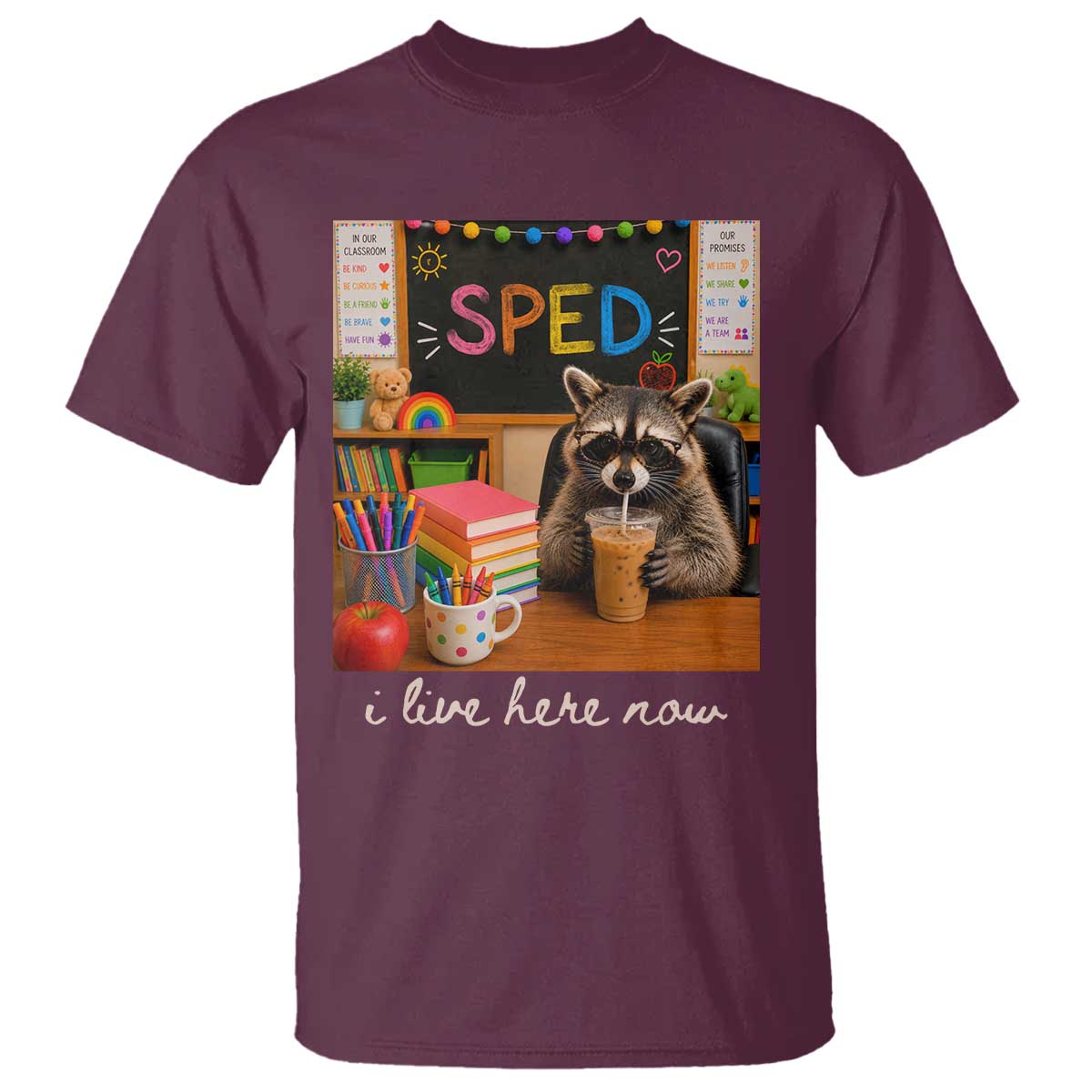 Funny SPED Raccoon Teacher T Shirt I Live Here Now TS12 Maroon Print Your Wear
