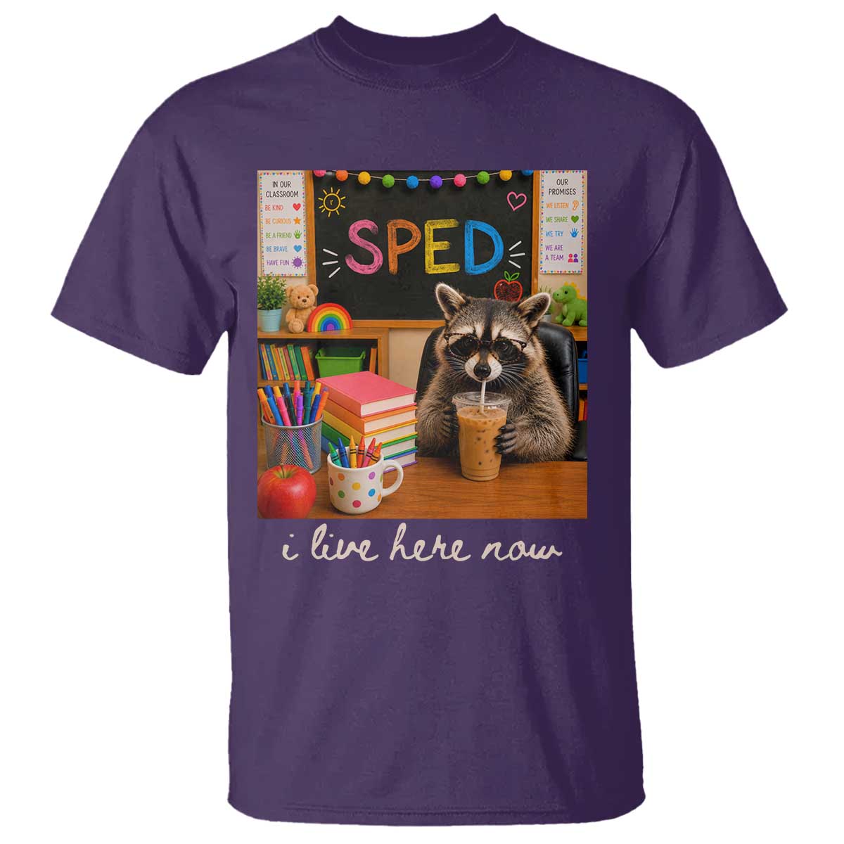Funny SPED Raccoon Teacher T Shirt I Live Here Now TS12 Purple Print Your Wear
