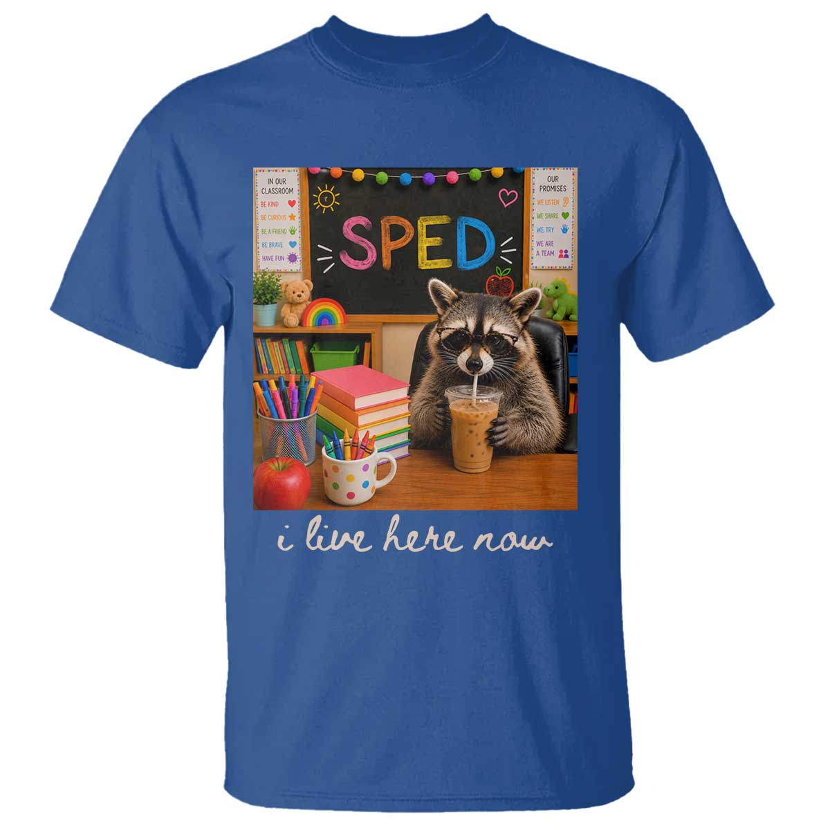 Funny SPED Raccoon Teacher T Shirt I Live Here Now TS12 Royal Blue Print Your Wear