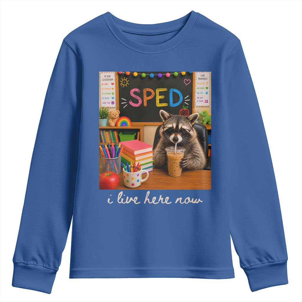 Funny SPED Raccoon Teacher Youth Sweatshirt I Live Here Now TS12 Royal Blue Print Your Wear