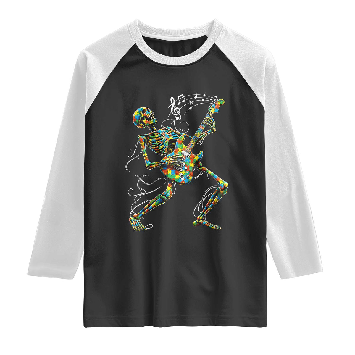Autism Acceptance Rock Guitar Skeleton Raglan Shirt Music Lover TS12 Black White Print Your Wear
