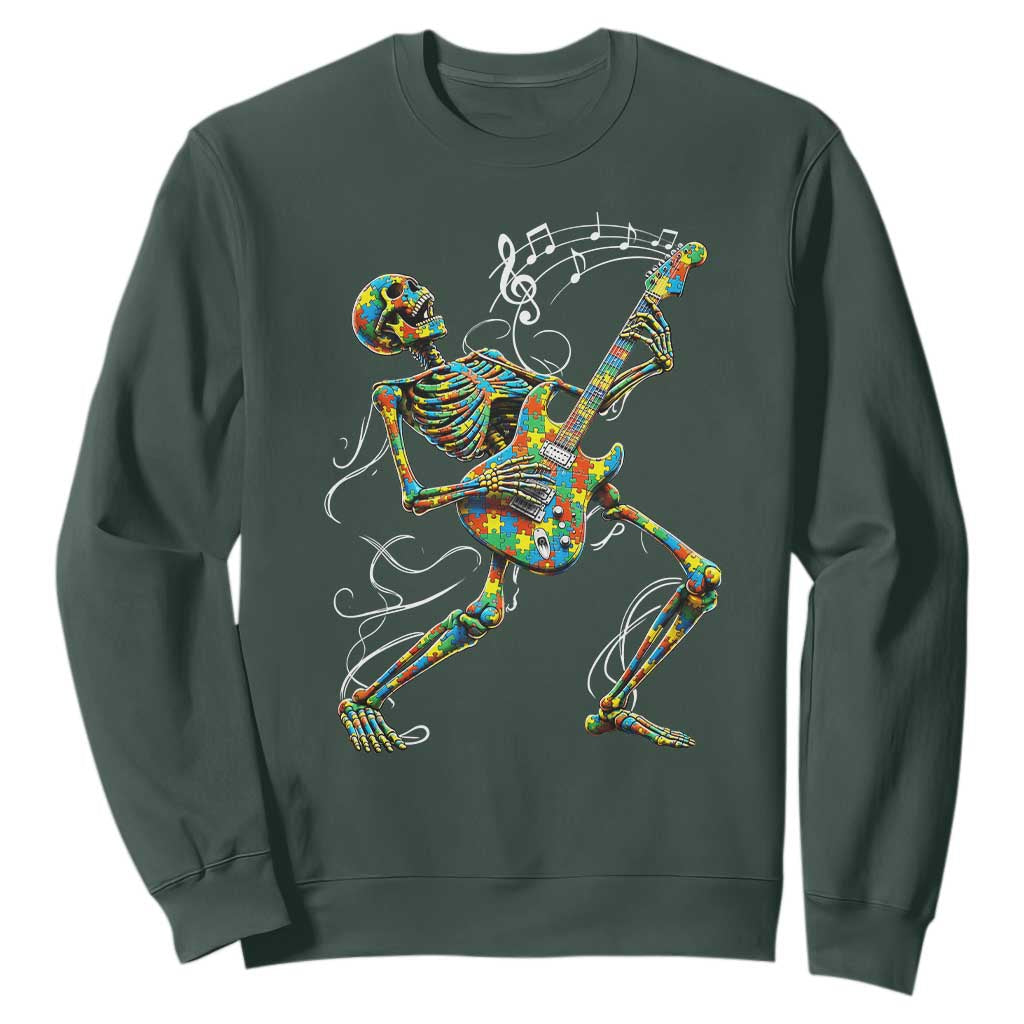 Autism Acceptance Rock Guitar Skeleton Sweatshirt Music Lover TS12 Dark Forest Green Print Your Wear