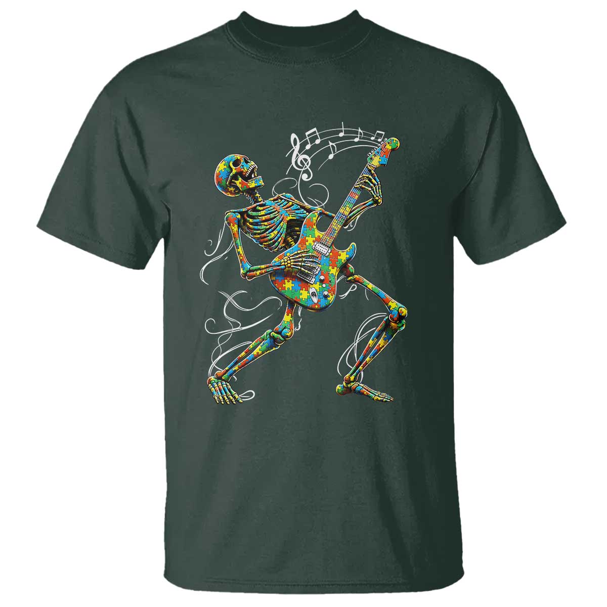 Autism Acceptance Rock Guitar Skeleton T Shirt Music Lover TS12 Dark Forest Green Print Your Wear