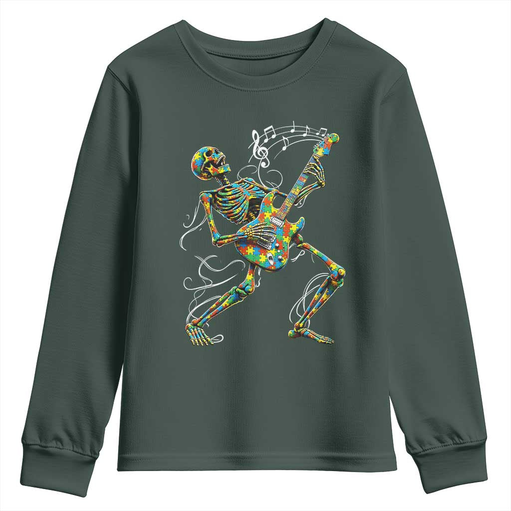 Autism Acceptance Rock Guitar Skeleton Youth Sweatshirt Music Lover TS12 Dark Forest Green Print Your Wear