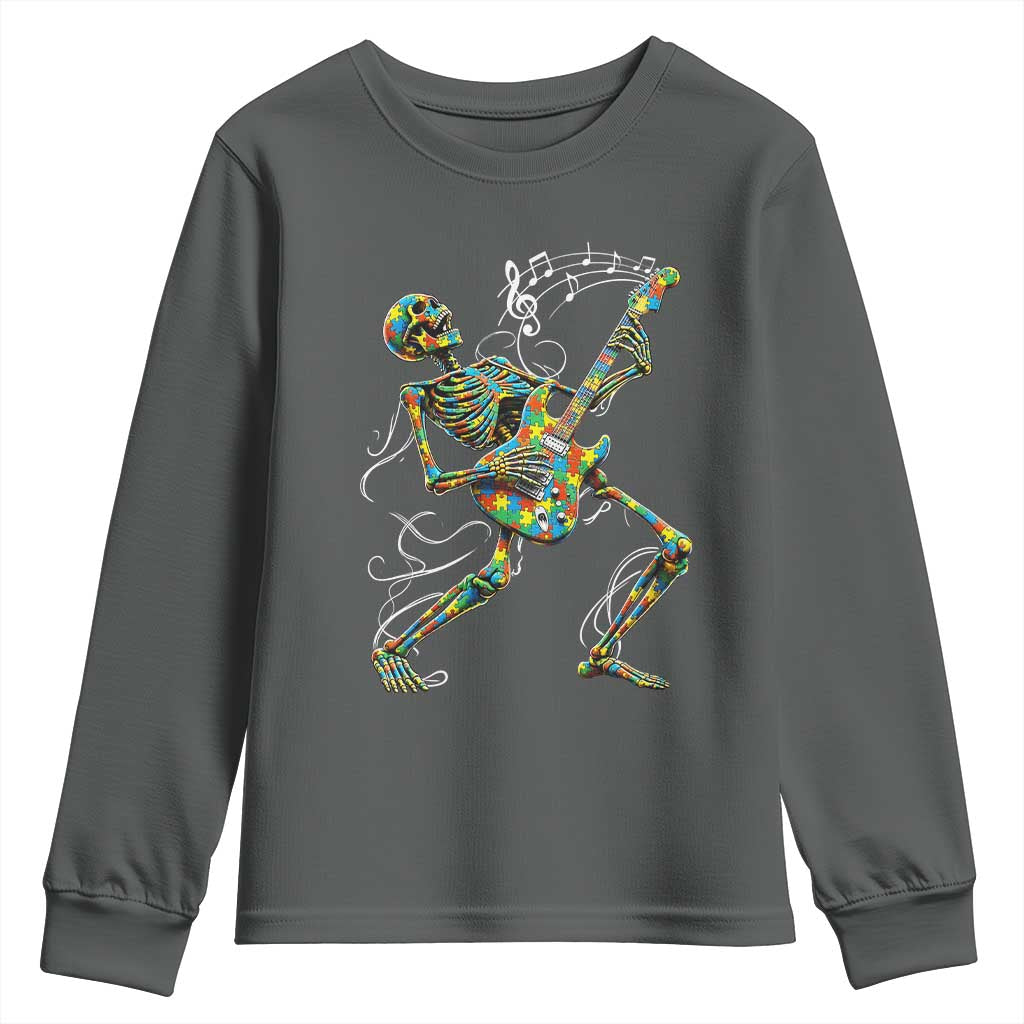 Autism Acceptance Rock Guitar Skeleton Youth Sweatshirt Music Lover TS12 Dark Heather Print Your Wear