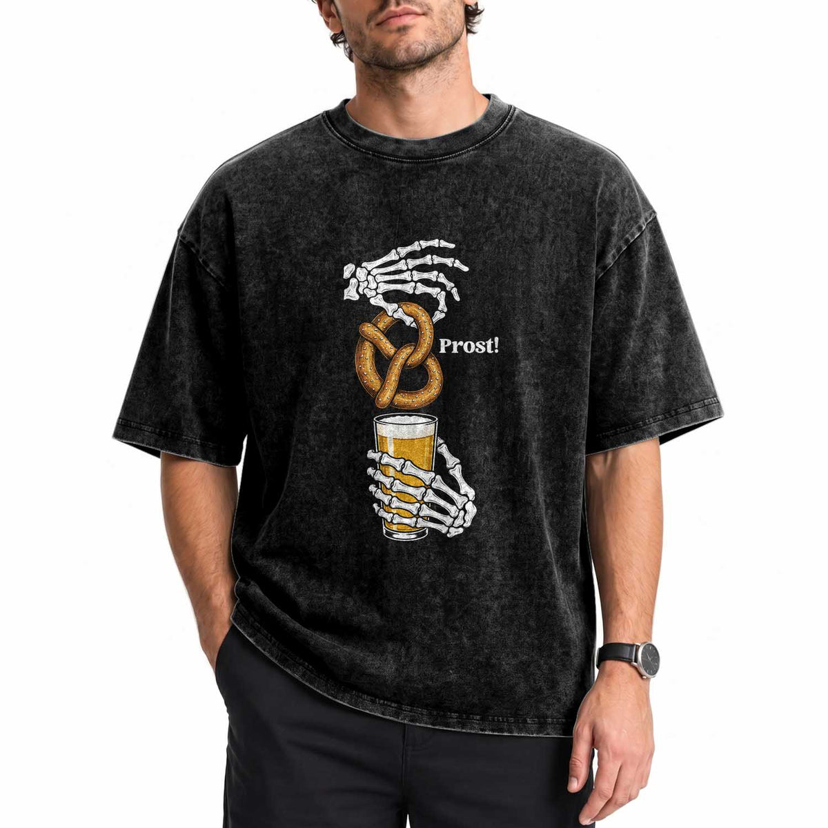 Prost Beer Lover Skeleton Hands German Festival Graphic Washed Cotton T-Shirt