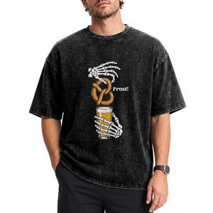 Prost Beer Lover Skeleton Hands German Festival Graphic Washed Cotton T-Shirt