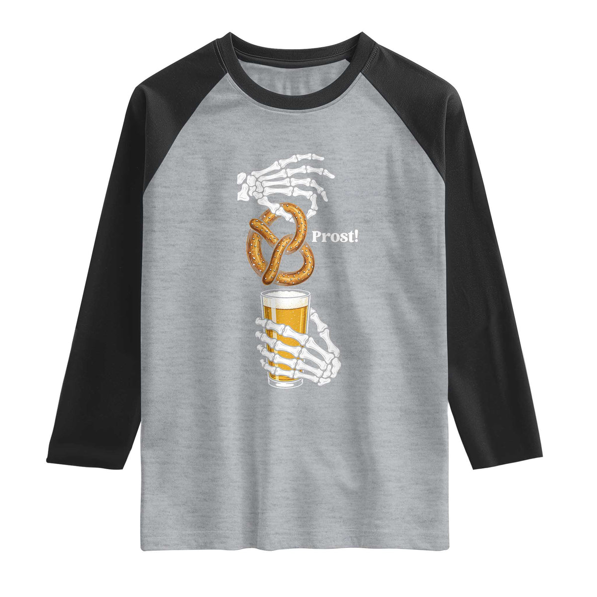 Prost Beer Lover Skeleton Hands German Festival Graphic Raglan Shirt TS12 Heather Gray Black Print Your Wear