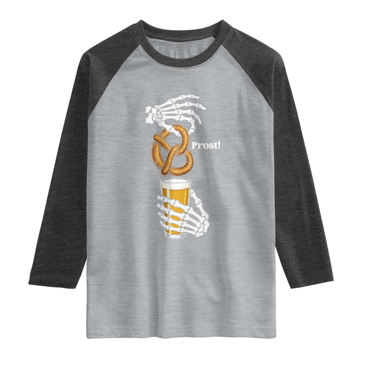 Prost Beer Lover Skeleton Hands German Festival Graphic Raglan Shirt TS12 Heather Gray Heather Charcoal Print Your Wear