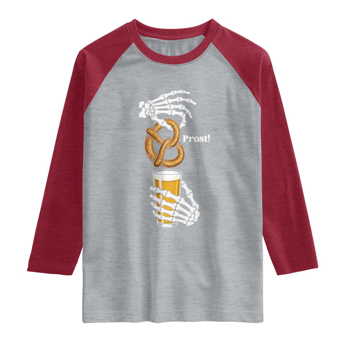 Prost Beer Lover Skeleton Hands German Festival Graphic Raglan Shirt TS12 Heather Gray Heather Red Print Your Wear