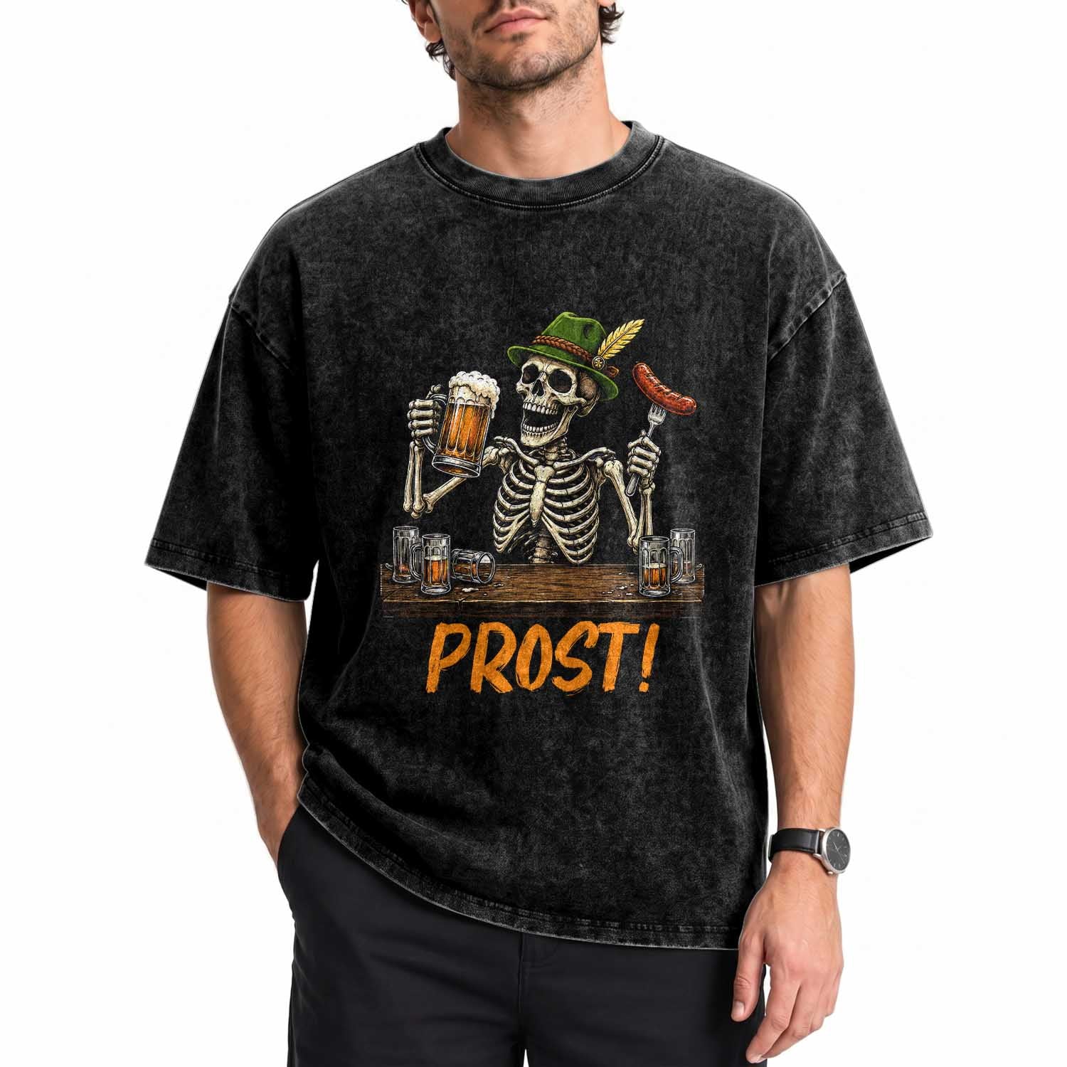 Funny Skeleton Oktoberfest Washed Cotton T-Shirt Prost Beer Lover Bavarian Gift