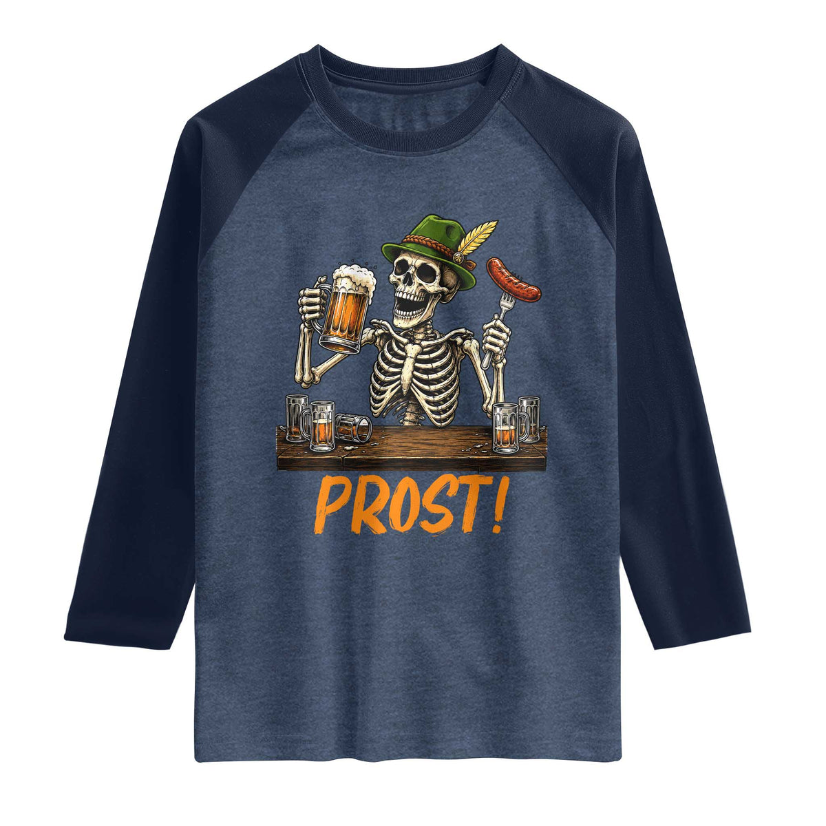 Funny Skeleton Oktoberfest Raglan Shirt Prost Beer Lover Bavarian Gift TS12 Heather Denim Navy Print Your Wear