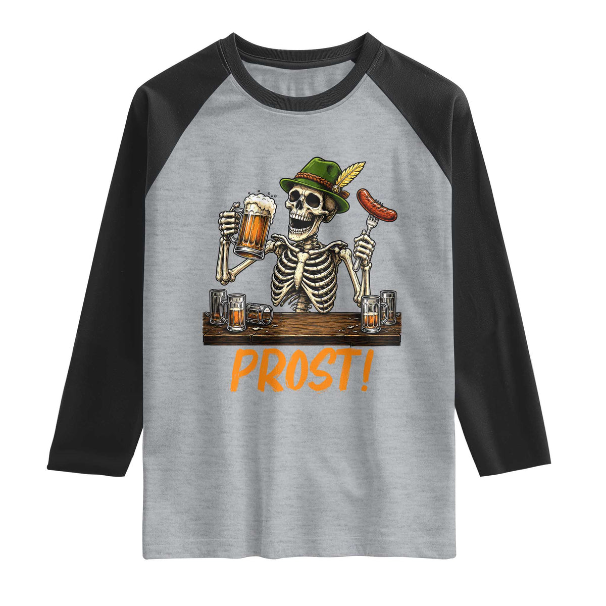 Funny Skeleton Oktoberfest Raglan Shirt Prost Beer Lover Bavarian Gift TS12 Heather Gray Black Print Your Wear