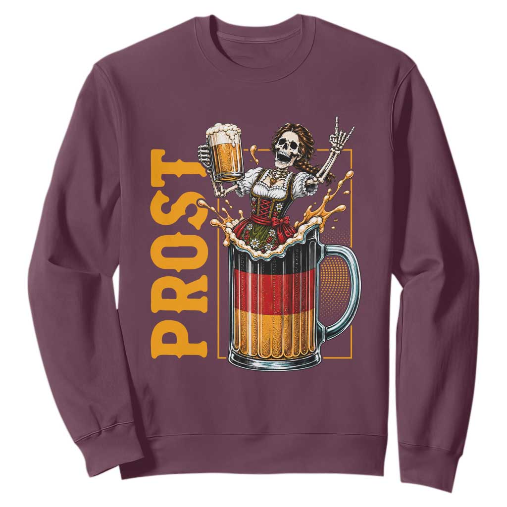 Funny Skeleton Oktoberfest Sweatshirt Spooky Prost German Beer Drinker Graphic TS12 Maroon Print Your Wear